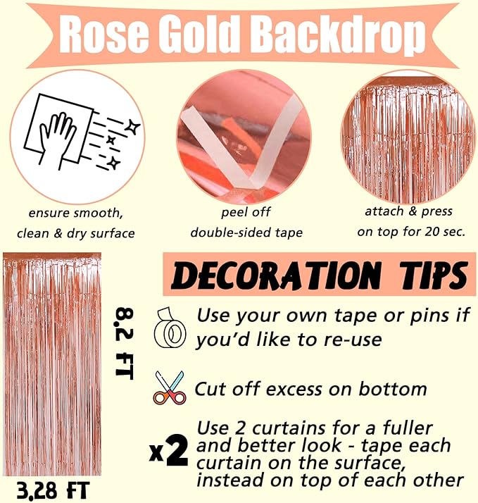 4 Pack Rose Gold Fringe Curtain Backdrop, 3.2Ft x 8.2Ft Metallic Tinsel Foil Fringe Streamers Background for Photo Booth Birthday Wedding Baby Shower Carnival Easter Mother’s Day Party Decorations