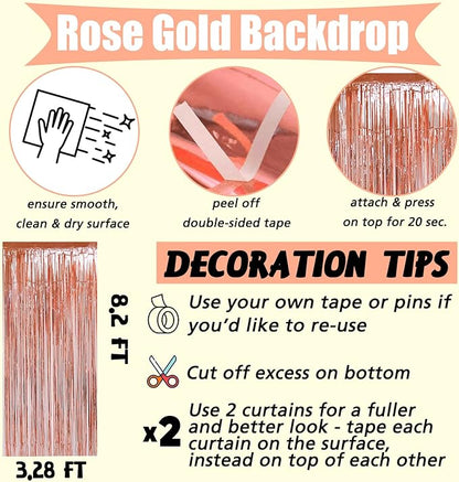 4 Pack Rose Gold Fringe Curtain Backdrop, 3.2Ft x 8.2Ft Metallic Tinsel Foil Fringe Streamers Background for Photo Booth Birthday Wedding Baby Shower Carnival Easter Mother’s Day Party Decorations
