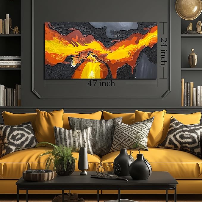 GUGIKA Abstract Wall Art for Living Room, Black and Gold Yellow Volcanic Lava Canvas Wall-Decor for Bedroom, Hand Painted 3D Textured Magma Paintings, Size 47x24 Inches