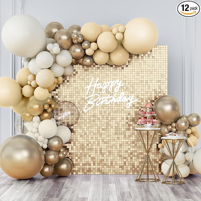 Shimmer Wall Backdrop Champagne Gold Square Sequin Wall Panel Backdrop Decor for Wedding, Anniversary, Birthday, Party, 12 Panels