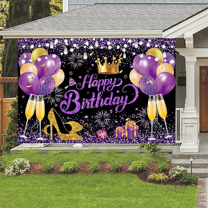YinQin 180x120 cm Glitter Purple Golden Happy Birthday Party Backdrops Cloth 71x47 inch Photography Bday Backgrounds Black Purple Gold Happy Birthday Sign Banner Decorations for Girl Women
