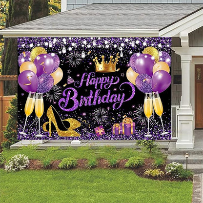 YinQin 180x120 cm Glitter Purple Golden Happy Birthday Party Backdrops Cloth 71x47 inch Photography Bday Backgrounds Black Purple Gold Happy Birthday Sign Banner Decorations for Girl Women