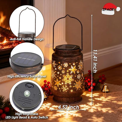 Outdoor Solar Lanterns Waterproof, 2Pack Metal Hanging Solar Lights Snow Garden Decor Birthday Gifts for Women Mom Grandma for Patio Backyard Yard Pathway Porch