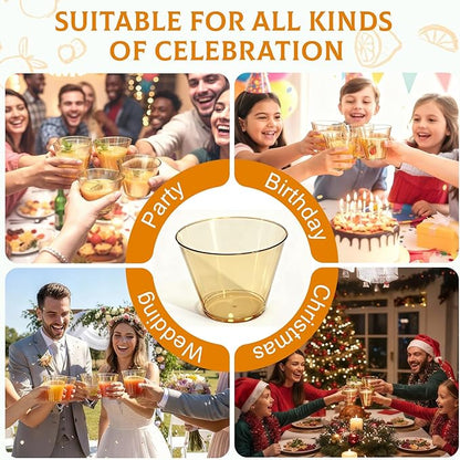 150 Pack Plastic Cups 9 oz Gold Clear Plastic Cups for Cocktail Fancy Disposable Cup for Party Stemless Wine Glasses for Wedding Thanksgiving Christmas Party Graduation