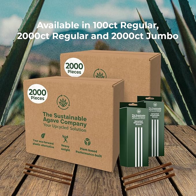 Sustainable Agave Co - Agave Fiber Unwrapped Drinking Straws - 100 Count - Plant-Based, Made With Upcycled Materials, Reusable - Brown, Regular, 8"