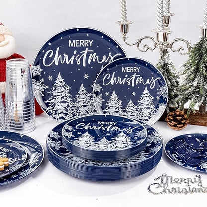 Supernal 150pcs Blue Christmas Plastic Plates - Christmas Party Tableware Set Include Blue Plastic Plates with White Xmas Trees, Heavy Duty Silverware Disposable, Silver Cups for New Year