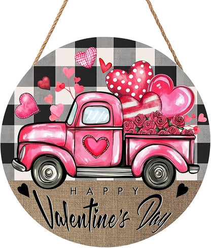 Valentines Day Door Sign for Front Door Farmhouse Pink Truck Hearts Wood Hanger 12"x12" Buffalo Plaid Check Heart Outdoor Outside Porch Decor Happy Valentines Wreath Pediment Plaque Wall Hanging