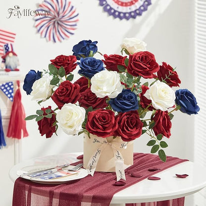 20PCS Artificial Dark Red Roses, 3.9'' Silk Flower Head Fake Red Rose with Long Stems, Realistic Faux Roses Bouquet for Mother's Day DIY Wedding Home Party Office Decoration
