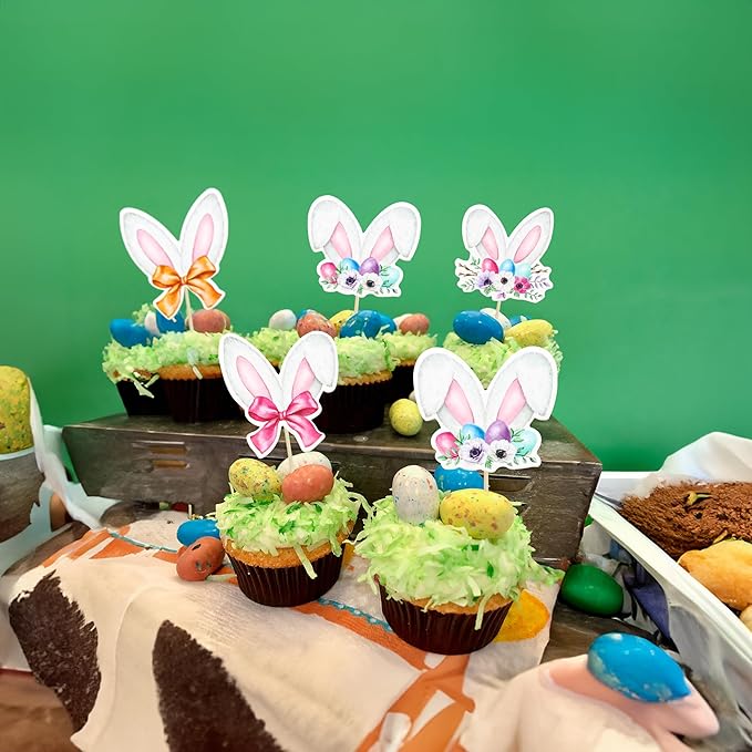 Ephlyn 36Pcs Happy Easter Cupcake Toppers - Rabbit Ear Cupcake Picks & Day Theme Baby Shower Kids Birthday Party Cake Decorations