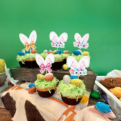 Ephlyn 36Pcs Happy Easter Cupcake Toppers - Rabbit Ear Cupcake Picks & Day Theme Baby Shower Kids Birthday Party Cake Decorations