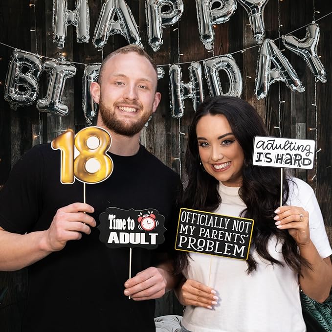 18th Birthday Photo Booth Props - 41-pc Photobooth Kit with 8 x 10-Inch Sign, 60 Adhesive Pads, 45 Sticks - 18th Birthday Decorations for Girls and Boys - 18 Photo Booth Props