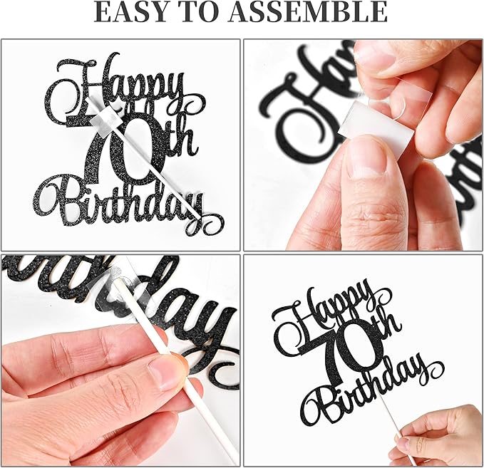 70th Birthday Cake Decorations, 70th Birthday Candles Cake Numeral Candles and Glitter Happy 70th Birthday Cake Toppers Set for Birthday Party Supplies (Black)