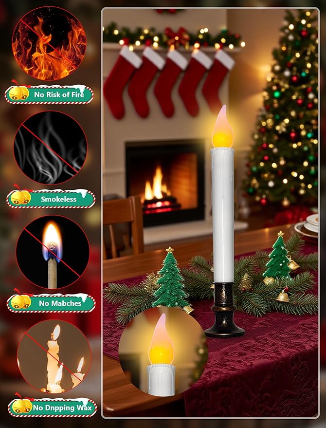 4 Pcs Christmas Window Candles with Timer, 9’’ LED Battery Operated Window Candle Lights with Flickering Flameless Flame, LED Candlesticks for Holiday Christmas Window Table Home Decor-Bronze Base