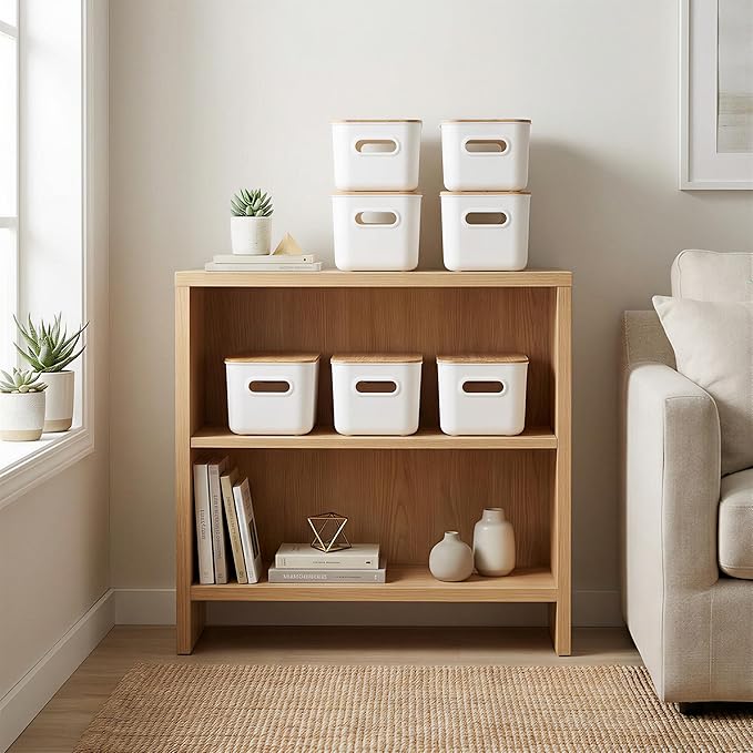 Citylife Storage Bins with Bamboo Lids 6QT Plastic Storage Containers Stackable Organizer Boxes with Handle for Desk Snacks, Toys, 4 PCS, 10" L x 7" W x 6.18" H