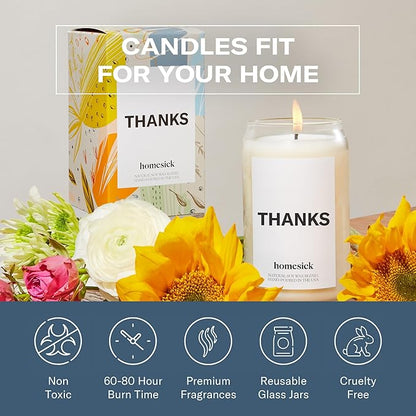 Homesick Scented Candles for Home (Thanks) - 13.75 oz Long-Lasting Soy Wax Blend Jar Candle Gifts for Women for All Occasions, 60-80 Hours Burn Time - Notes of Cucumber, Lemon & Patchouli