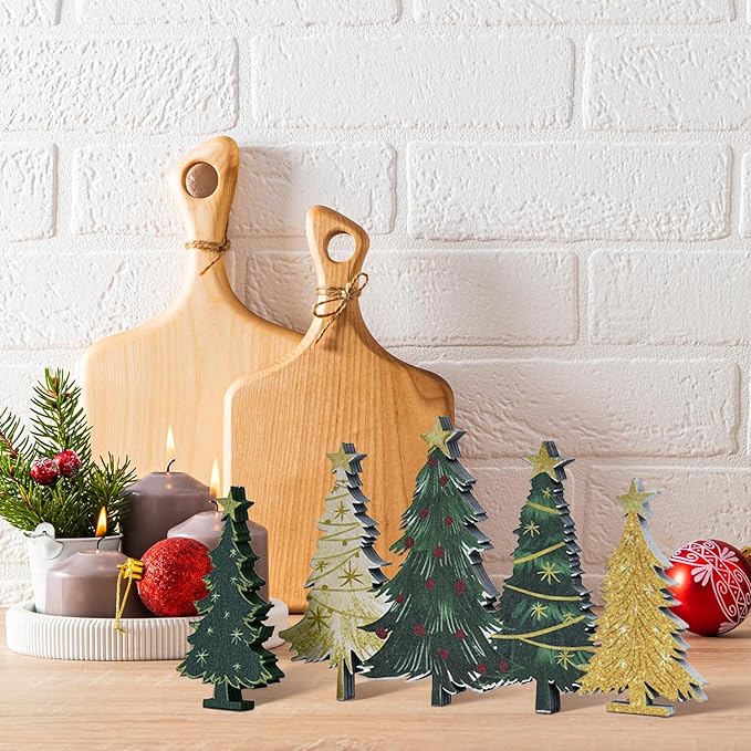 Smile 3 Pcs Wooden Blocks Christmas Decoration Trees Signs, Rustic Centerpieces Wooden Trees, Tiered Tray Decorations for Home Table Shelf Decor.