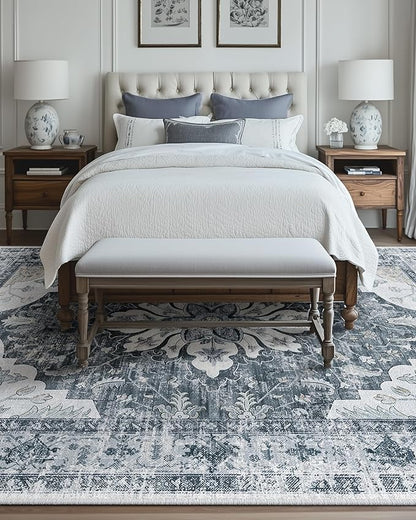 Area Rugs 6'x9' Washable Non-Slip, Floral Vintage Distress Print Pattern Medallion Carpet for Living Room Bedroom Dining Room, Light Gray Grey White