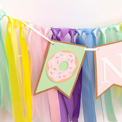 Donut High Chair Banner 1st Birthday - Donut Grow Up Highchair Banner, Sweet One Birthday Party Decorations for Cake Smash, Photo Prop...
