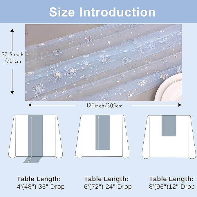 Snowkingdom Silver Snowflake Christmas Table Runner, 10ft Light Blue Silver Glitter Snowflakes Sheer Tulle Gauze Winter Table Runner for Seasonal Holidays, Wedding, Party, Home Dining Decoration