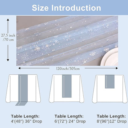 Snowkingdom Silver Snowflake Christmas Table Runner, 10ft Light Blue Silver Glitter Snowflakes Sheer Tulle Gauze Winter Table Runner for Seasonal Holidays, Wedding, Party, Home Dining Decoration