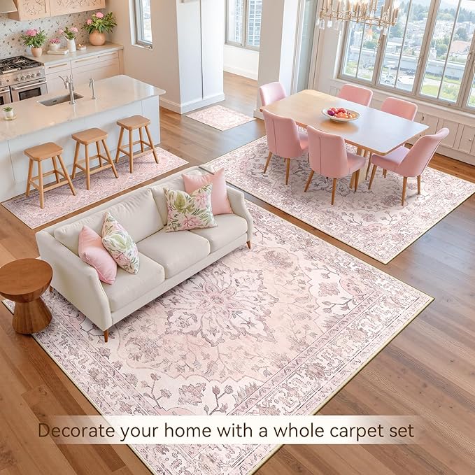 Area Rugs 5'x8' Washable Non-Slip, Floral Vintage Distress Print Pattern Medallion Carpet for Living Room Bedroom Dining Room, Pink Greypink Cute