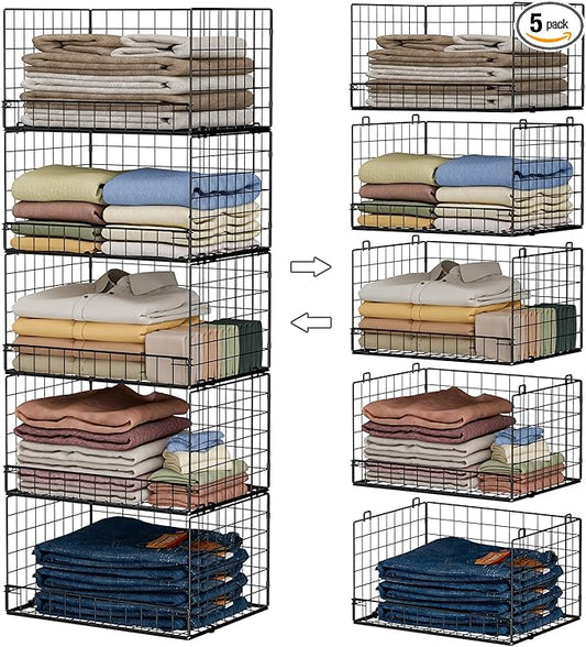 5-Tier Stackable Closet Organizers and Storage Shelves, Closet Shelf Organizer Basket Bins, Foldable Sweater Storage for Closet Organizer System, Black（Patent Pending）