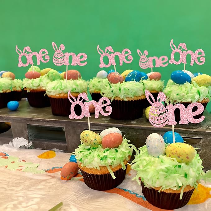 Ephlyn 24 Pcs Pink Glitter Cupcake Toppers - Happy Easter & Birthday Cake Decorations for Spring Parties