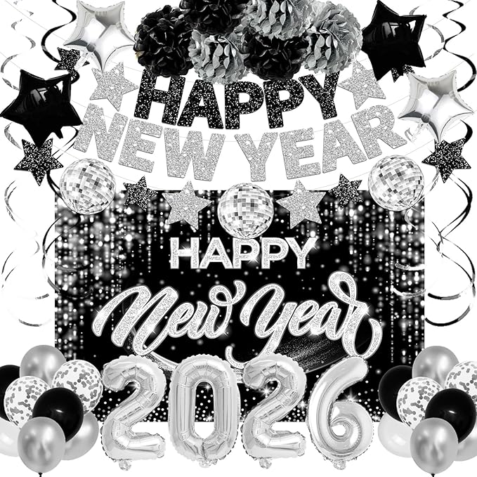 New Years Eve Party Supplies 2026 Happy New Year Decorations Kit - Black Silver Happy New Year Banner, Backdrop, 2026 Balloons, Pom Poms and Hanging Swirls for Kids Adults Party Decor
