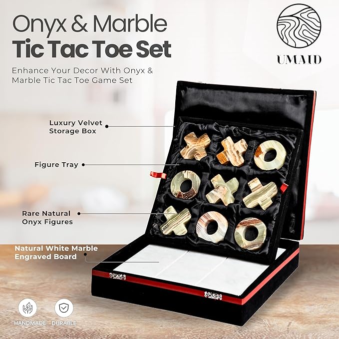 UMAID Luxury Marble Tic Tac Toe Game, Handcrafted 10" Onyx Board in Velvet Box, Solid Marble Set, Each Piece is Unique, Elegant Coffee Table or Office Decor, Unique Gift for Men, Women, Game Lovers