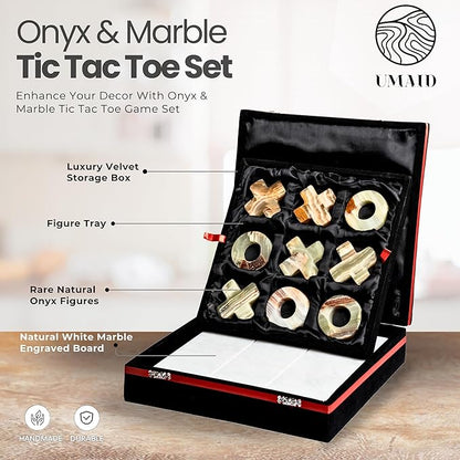UMAID Luxury Marble Tic Tac Toe Game, Handcrafted 10" Onyx Board in Velvet Box, Solid Marble Set, Each Piece is Unique, Elegant Coffee Table or Office Decor, Unique Gift for Men, Women, Game Lovers