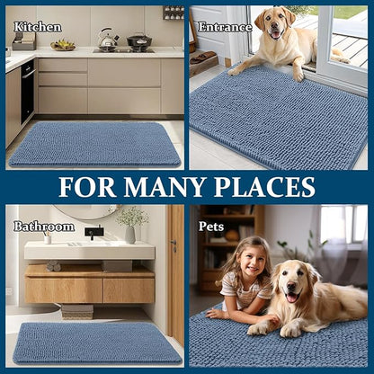 OLANLY Dog Door Mat for Muddy Paws 30x17, Absorbs Moisture and Dirt, Absorbent Non-Slip Washable Doormat, Quick Dry Chenille Mud Mat for Dogs, Entry Indoor Entryway Carpet for Inside Floor, Airy Blue