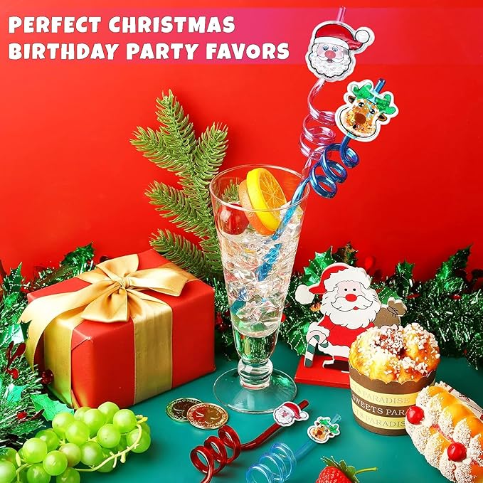 24Pcs Glitter Christmas Party Favors Supplies Decorations, Christmas Straws for Classroom Students Kids Gifts, Party Supplies for New Year, Christmas, Birthday