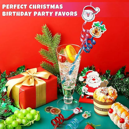 24Pcs Glitter Christmas Party Favors Supplies Decorations, Christmas Straws for Classroom Students Kids Gifts, Party Supplies for New Year, Christmas, Birthday
