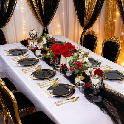 YOUBET 700PCS Black Plastic Plates - Black and Gold Plates - Gold Plastic Dinnerware Set Include 200 Disposable Plate, 300 Heavy Duty Silverware, 100 Cups, 100 Napkins for Wedding & Party New Year