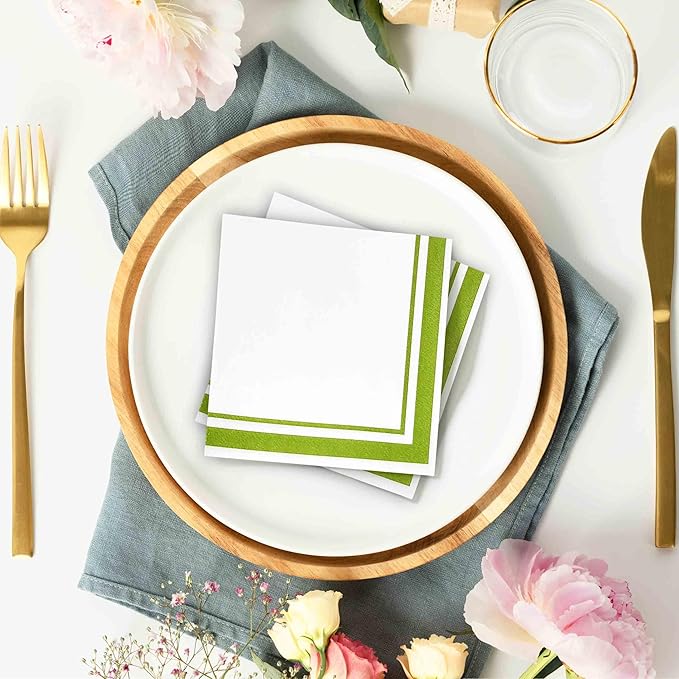 Gift Boutique Light Green and White Cocktail Napkins – 120 Pack 5 x 5 Inch 3-Ply Disposable Lined Beverage Napkins for Parties, Weddings, Events, and Everyday Use