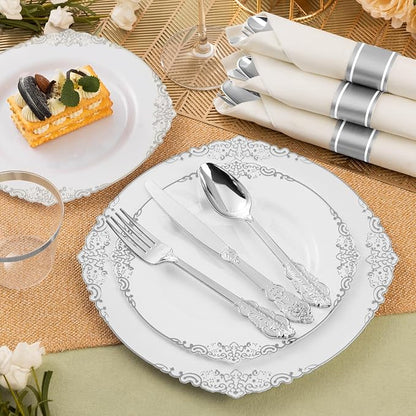 100 Pack Silver Plastic Silverware with Pre Rolled Napkins for 100 Guests, Silver Disposable Utensils Sets Includes 300 Plastic Cutlery, and 100 Napkins for Party & Wedding