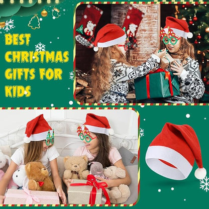 Hiboom 100 Piece Bulk Santa Hat Glasses Costume Set Christmas Santa Hats Xmas Tree Elk Glasses Funny Glitter Frames Eyewear for Christmas Holiday Party Gift Photo Booth Props Decorations