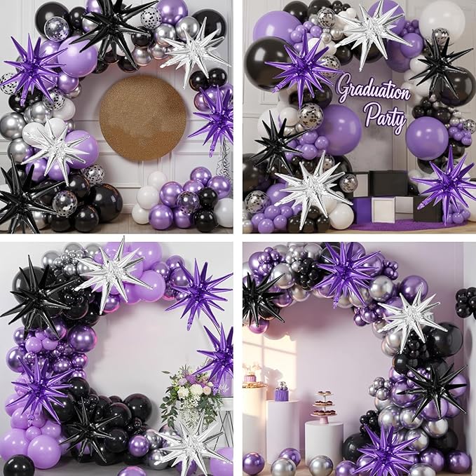 Black Purple Silver Star Balloons,9Pcs 22Inch Black Silver Purple Explosion Spike Cone Helium Polyester Film Star Foil Balloons for Birthday Halloween Anniversary Baby Shower Party Decorations