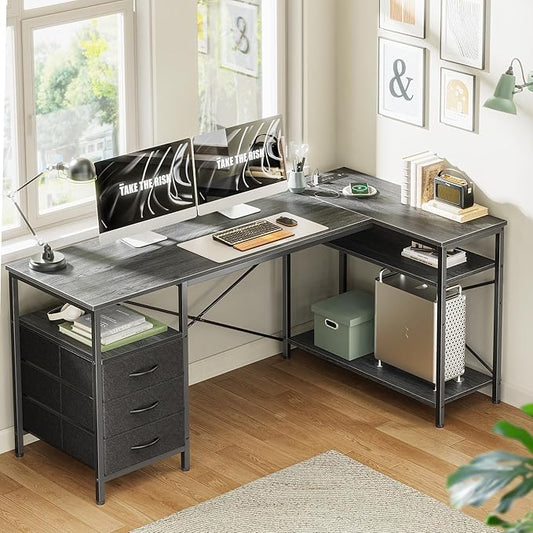 Huuger L Shaped Office Desk with Power Outlets, 55 Inch Computer Desk with 3 Drawers, Shelves, Reverisble for Gaming Corner Work Home Office Study, Grey