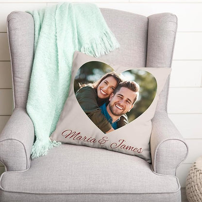 Be Burgundy Custom Heart Photo Pillow Cover 16x16 Inch – Personalized Couple Pillow with Names, Romantic Photo Cushion for Lovers, Engagement, Anniversary, or Wedding Gift for Him or Her