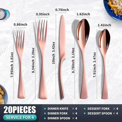 20 Pieces Rose gold Silverware Set Service for 4,Modern 18/10 Stainless Steel Flatware Cutlery Set,Utensil Set for Home Restaurant Hotel,Mirror Polished,Dishwasher Safe