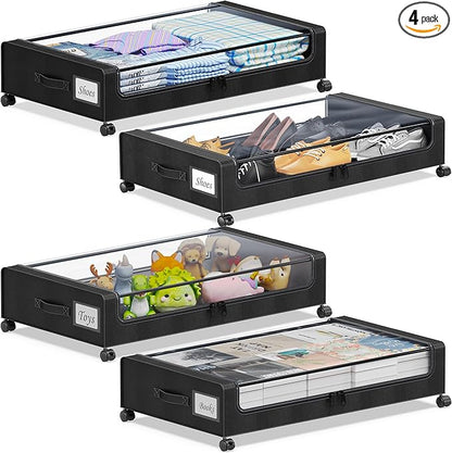Under Bed Storage with Wheels, 4-Pack Under the Bed Storage Containers with Clear Lids & Label, Underbed Storage Bins, XXL 60L Rolling Metal Drawer for Clothes, Shoes, Toys, Books - Black