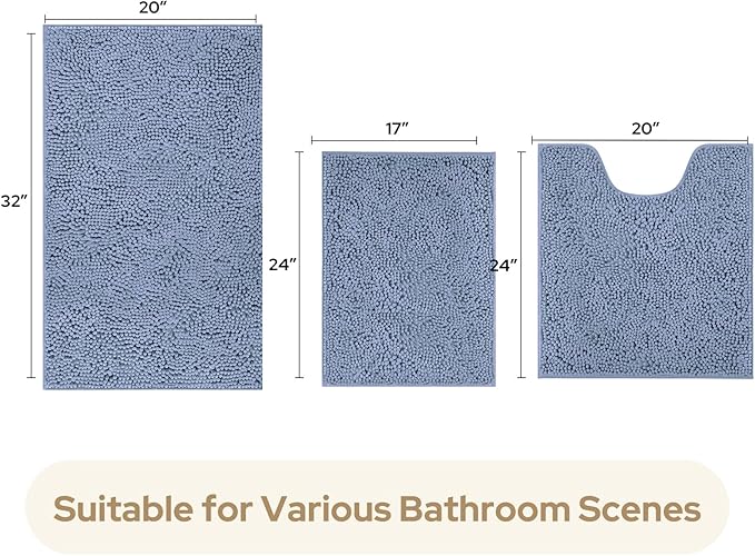 HOMEIDEAS 3 Pieces Bathroom Rugs, Ultra Soft Non Slip Absorbent Chenille Toilet Bath Mat Set (Grey Blue)