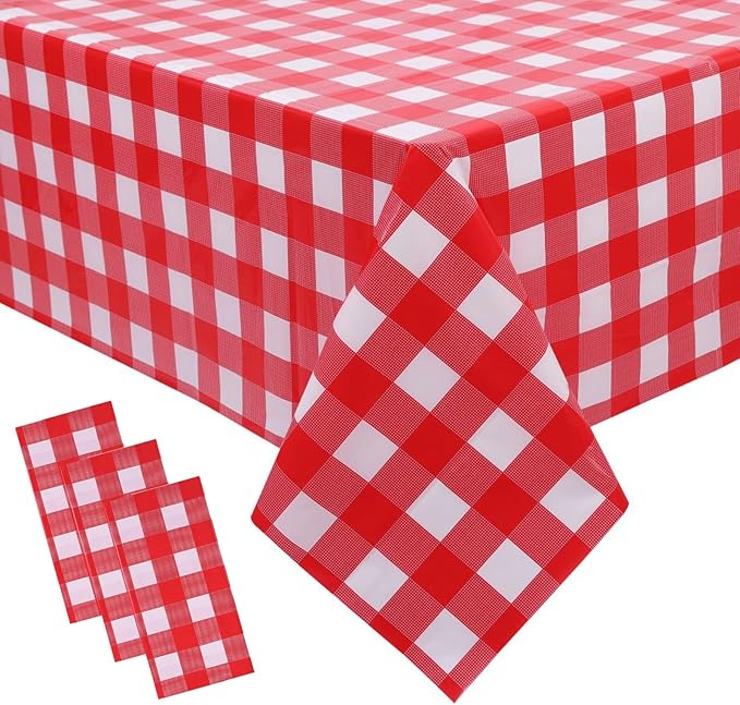 3 Packs Red and White Checkered Tablecloth 54x108 Inches Rectangle Gingham Tablecloth Disposable Plastic Waterproof Table Cover for Outdoor Picnic Kitchen and Birthday Party