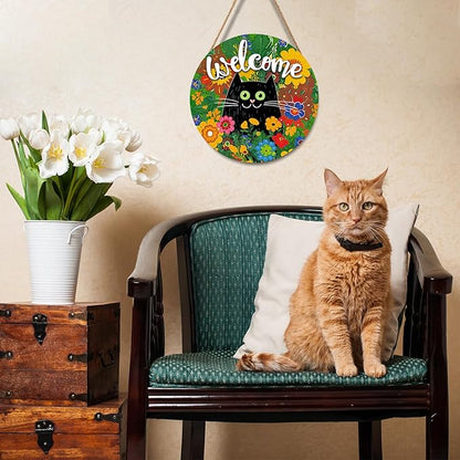 Welcome Spring Black Cat Sign for Front Door Decor Spring Summer Flowers Door Hanger for Outdoor Outside Porch Seasonal Summer Farmhouse Wooden Wreath Colorful Wall Hanging Decoration 12"x12"