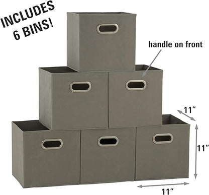 Household Essentials Fabric Storage Bins 6 Piece Set, Strong Poly-Woven Fabric, Sturdy Chipboard Sides, Grommet Front Handle, Stackable and Foldable, Classic Design, Dove Gray