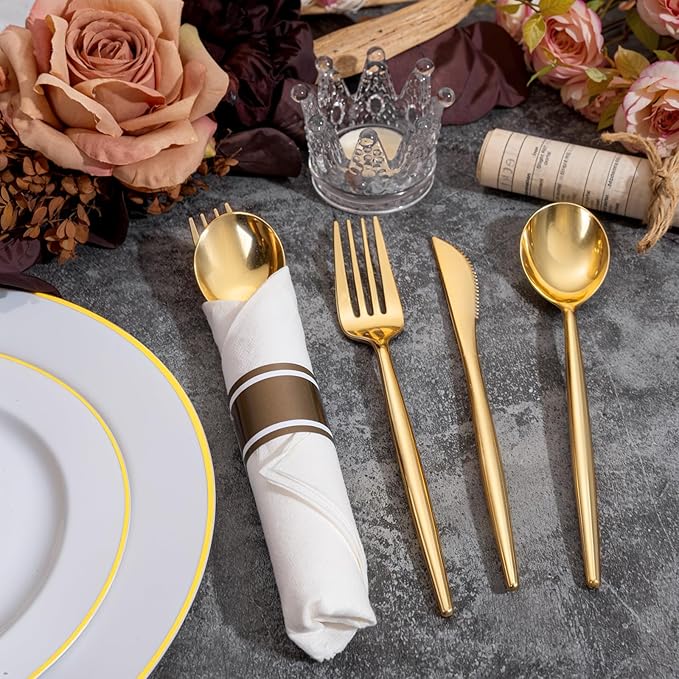 SUT 50 Pack Pre Rolled Silverware Set Disposable, 200pcs Gold Plastic Utensils Include 50 Forks, 50 Knives, 50 Spoons and 50 Napkins, Wrapped Plastic Cutlery Set With Napkin for Wedding