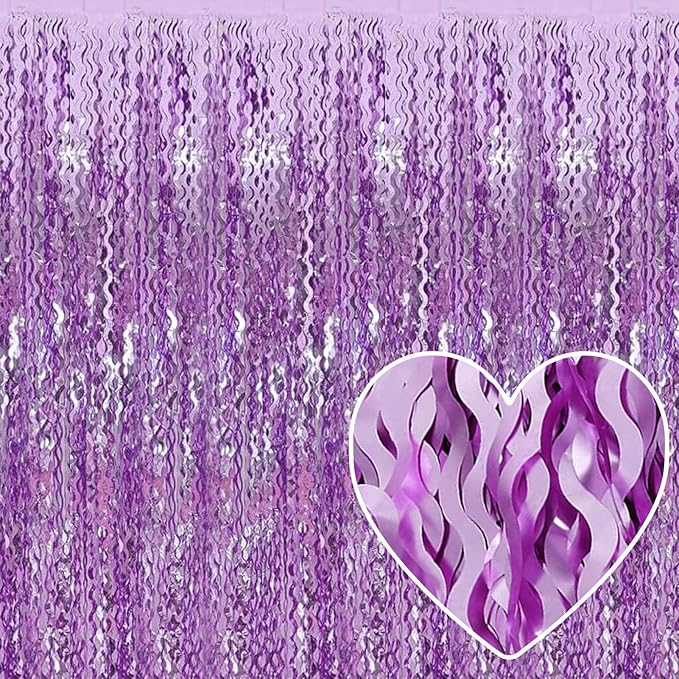4 Pack Light Purple Fringe Curtain Backdrop 3.2Ft x 8.2Ft Metallic Tinsel Foil Fringe Streamers Background for Photo Booth Mother's Day, Easter, Carnival, Birthday, Wedding Party Decoration