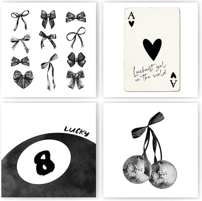 okaxscm Black Coquette Trendy Preppy Wall Art Prints Set of 4,Coquette Room Decor,Preppy Room Decor Aesthetic, Black Bow Disco 8 Ball Cherry Wall Decor Posters for Girls Bedroom Dorm, 10x10 Unframed