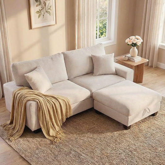 DOPEDIO L-Shaped Sectional Sofa with Storage Ottoman, Modern Chenille Recliner Loveseat, Removable Couch Covers, Pocket Spring Cushions, Solid Wood Frame, Easy to Install (88.58inch, Beige)